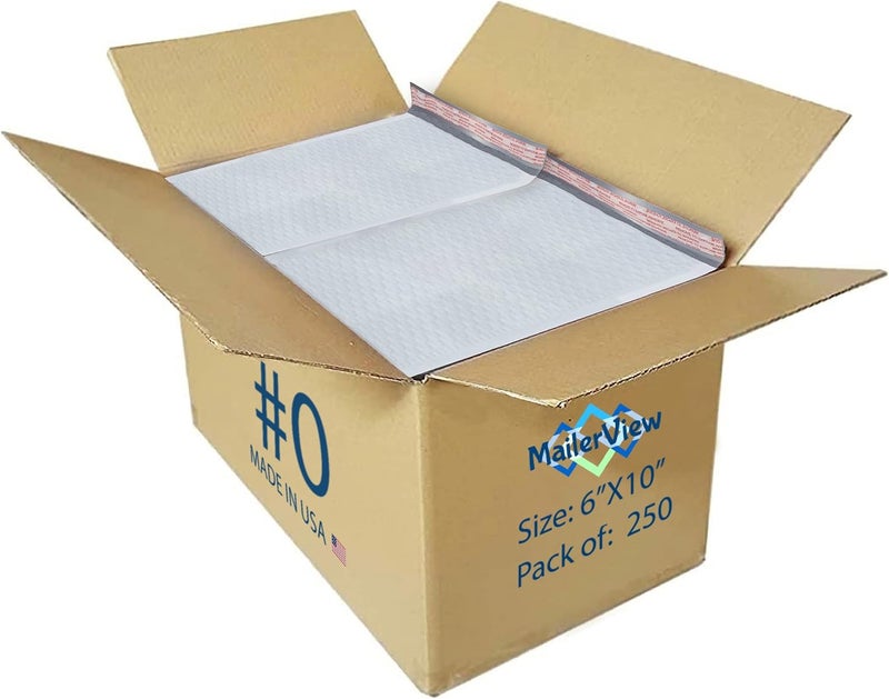 MAILERVIEW 250 Pack USA Made Poly Bubble Mailers (#0) 6x10 Inches Shipping Padded Envelopes Self Seal Tape #0 (Usable size 6 x9) - Image 1